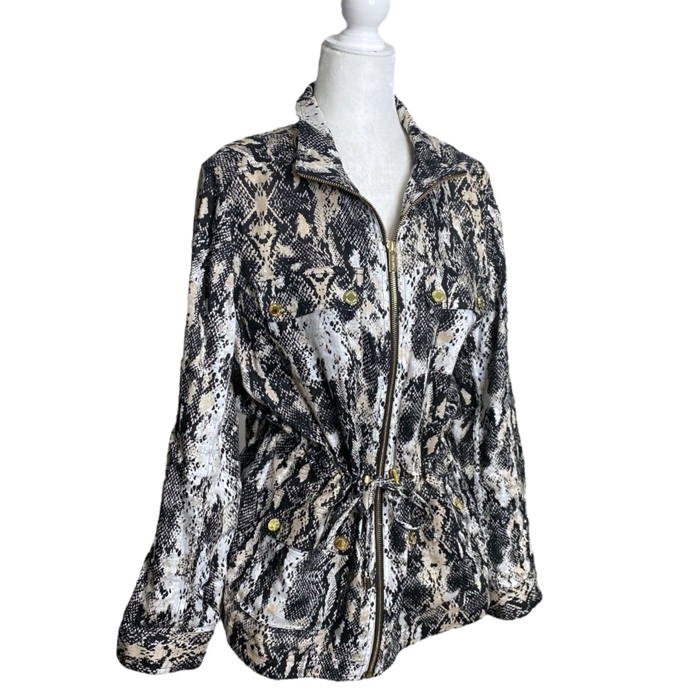 Calvin Klein Linen Lightweight Jacket Snake Animal Print Roll Tab Sleeve Sz L - Picture 3 of 12